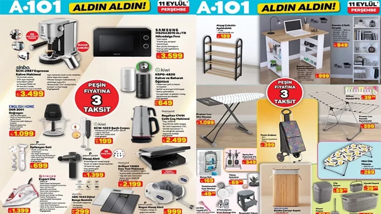 A101 Aldın Aldın afişi ile bu hafta neler geliyor? A101 AKTÜEL ÜRÜNLER KATALOĞU 11 EYLÜL 2025 A101 indirim broşürü mikrodalga fırın, kahve makinesi, 61 tuşlu org, ışıklı paten getiriyor: