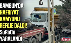 Samsun'da hafriyat kamyonu refüje daldı