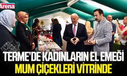 Terme’de kadınların el emeği mum çiçekleri vitrinde