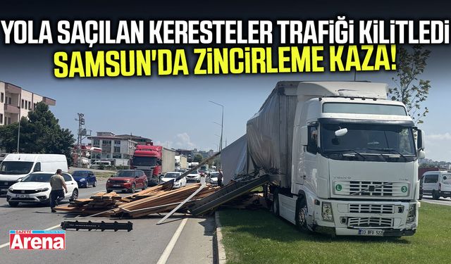 Samsun'da korkutan kaza! Savrulan keresteler trafiği kilitledi
