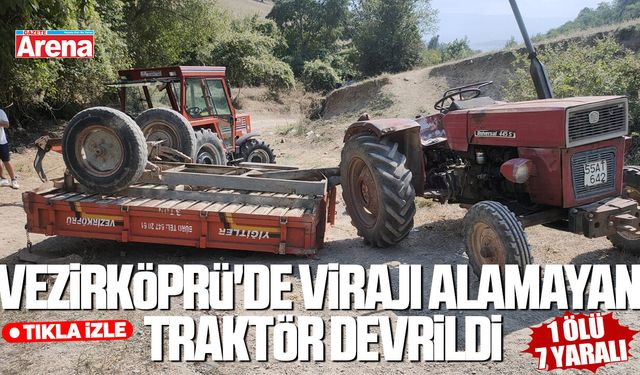 Vezirköprü'de virajı alamayan traktör devrildi