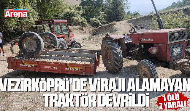 Vezirköprü'de virajı alamayan traktör devrildi