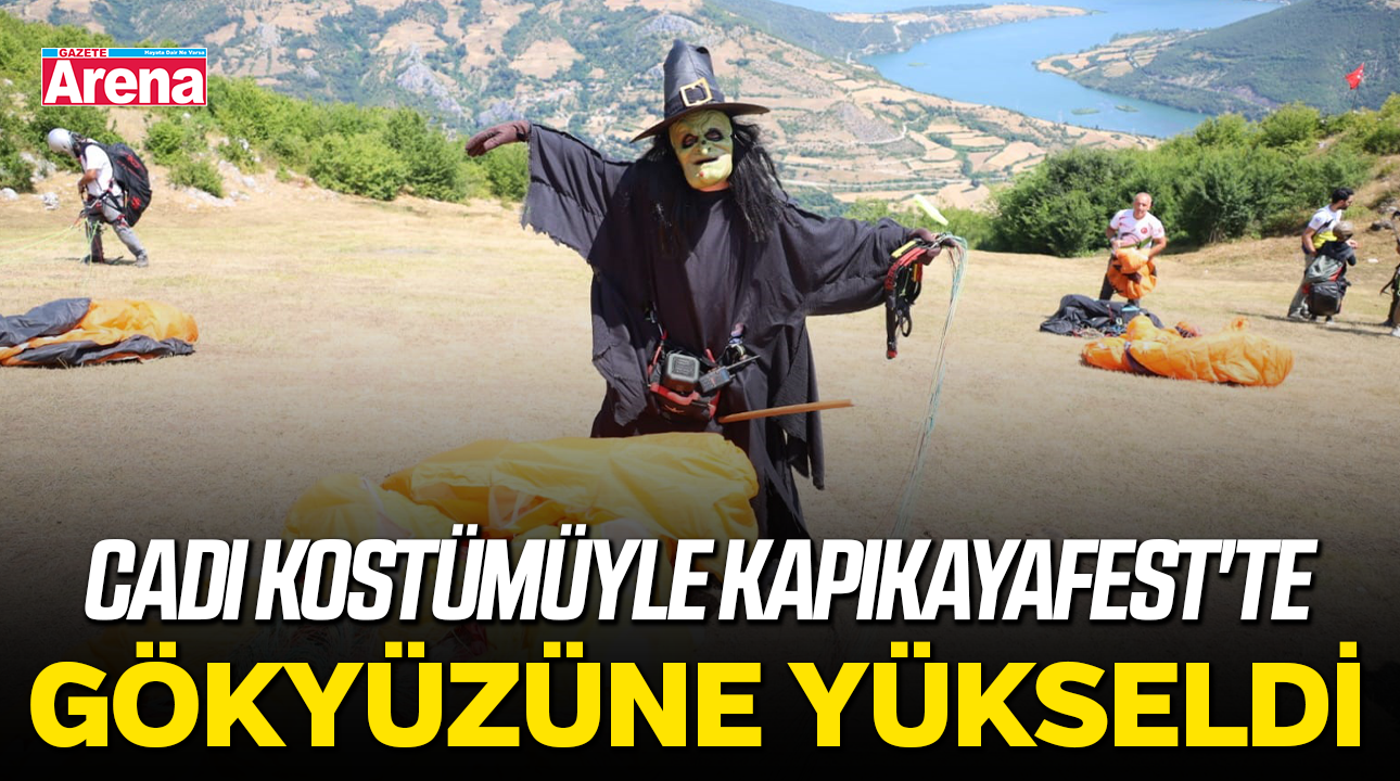 Cadı kostümüyle Kapıkayafest'te gökyüzüne yükseldi
