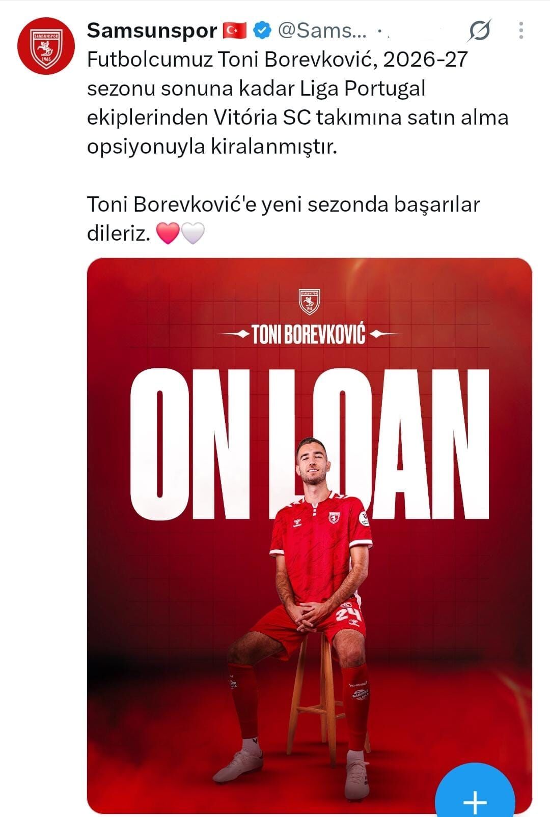 Samsunspor, Toni̇ Borevkovi̇c’i̇n Ki̇ralandiğini X Hesabindan Duyurdu